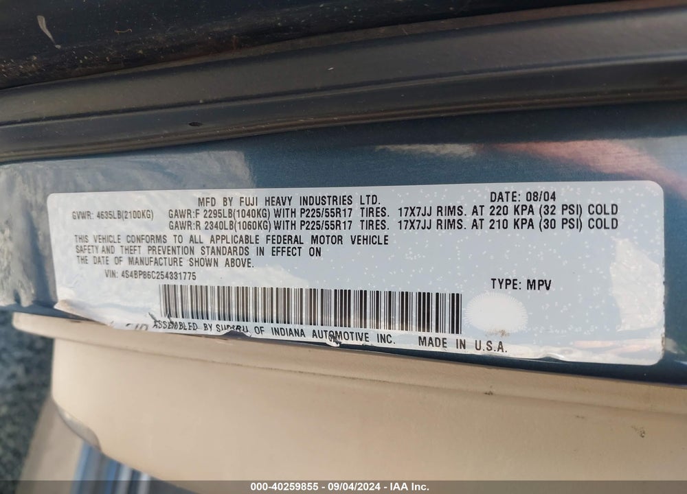 2005 SUBARU OUTBACK 3.0R L.L. BEAN EDITION VIN: 4S4BP86C254331775