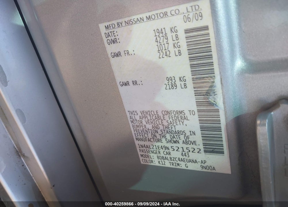 2009 NISSAN ALTIMA 2.5 S VIN: 1N4AL21E49N521522