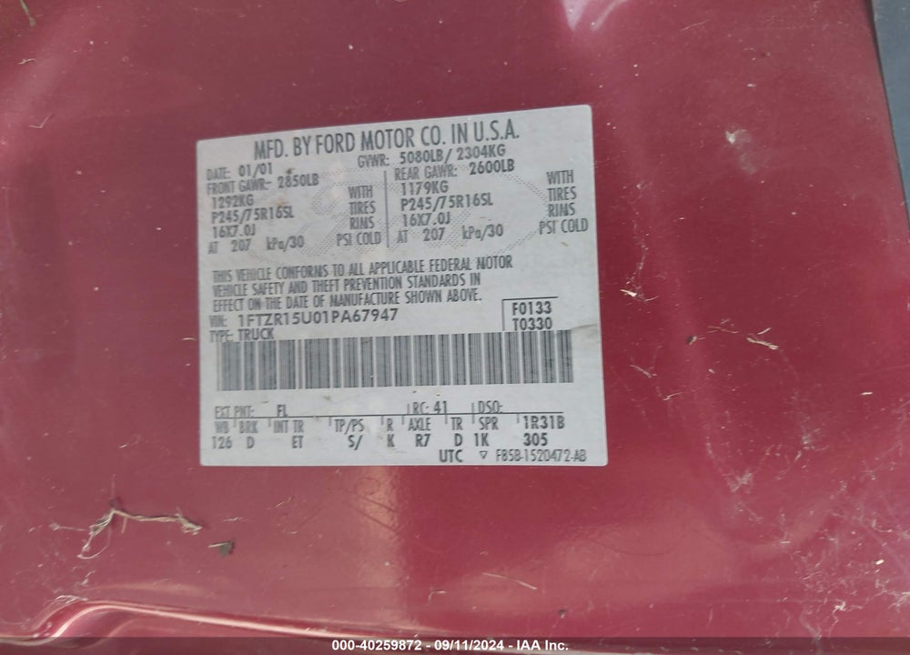 2001 FORD RANGER EDGE/XLT VIN: 1FTZR15U01PA67947