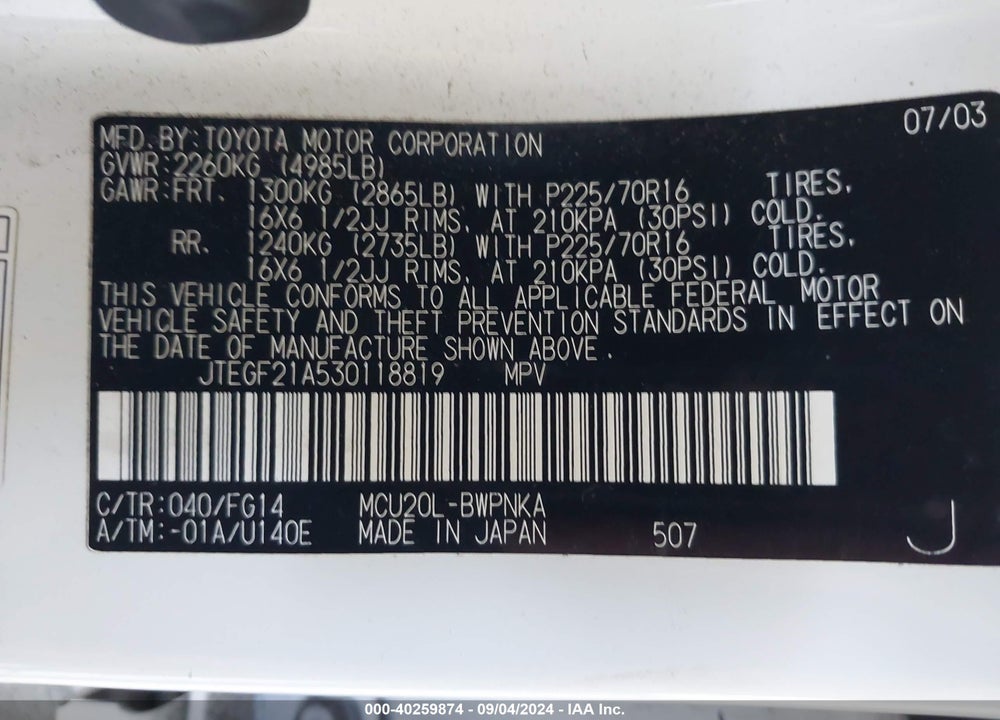 2003 TOYOTA HIGHLANDER V6 VIN: JTEGF21A530118819