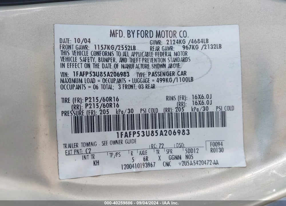 2005 FORD TAURUS SE VIN: 1FAFP53U85A206983