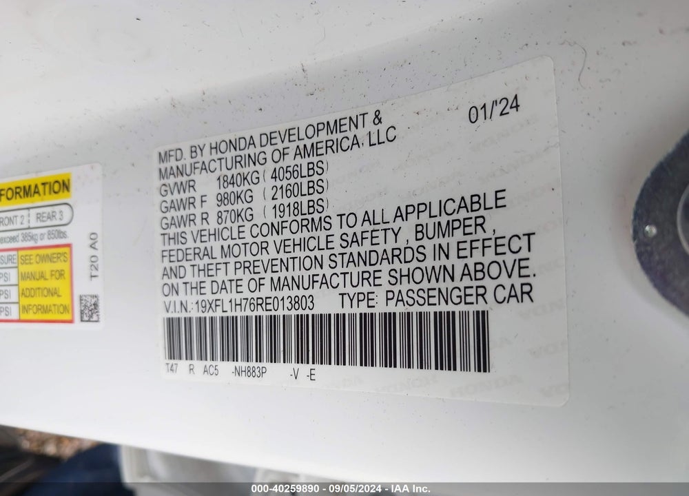 2024 HONDA CIVIC EX-L VIN: 19XFL1H76RE013803