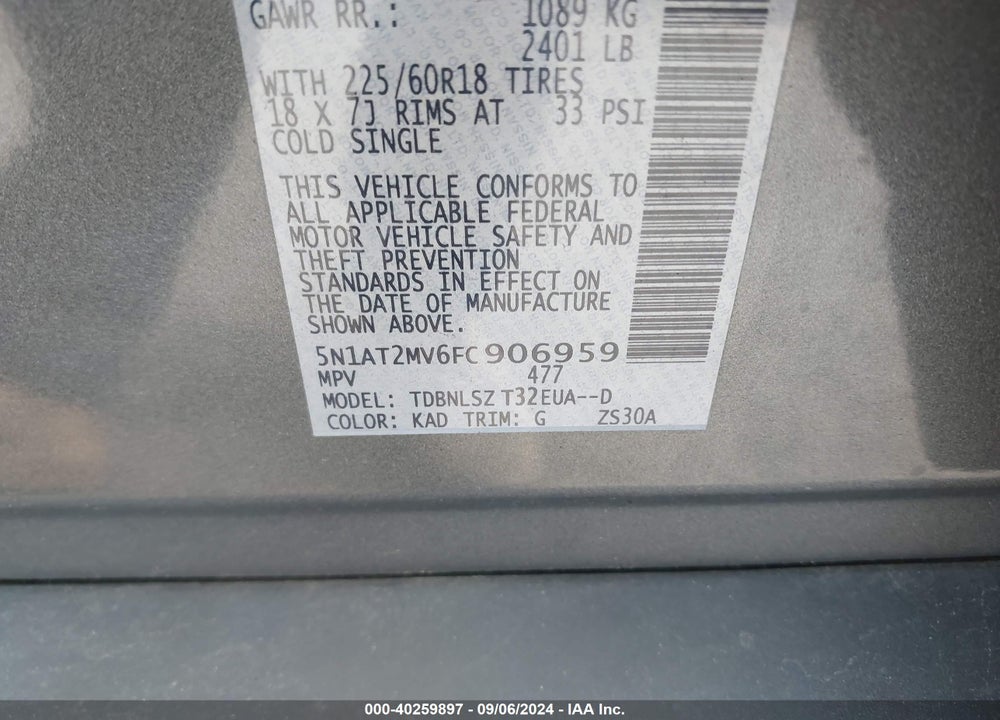 2015 NISSAN ROGUE SL VIN: 5N1AT2MV6FC906959