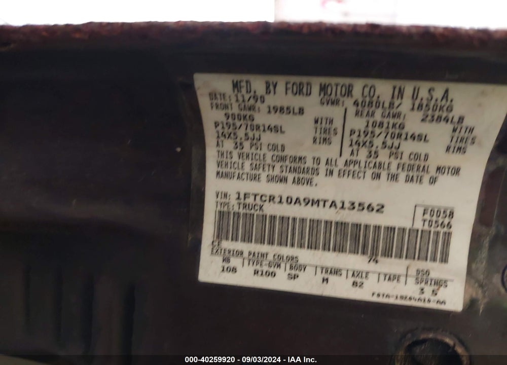 1991 FORD RANGER VIN: 1FTCR10A9MTA13562