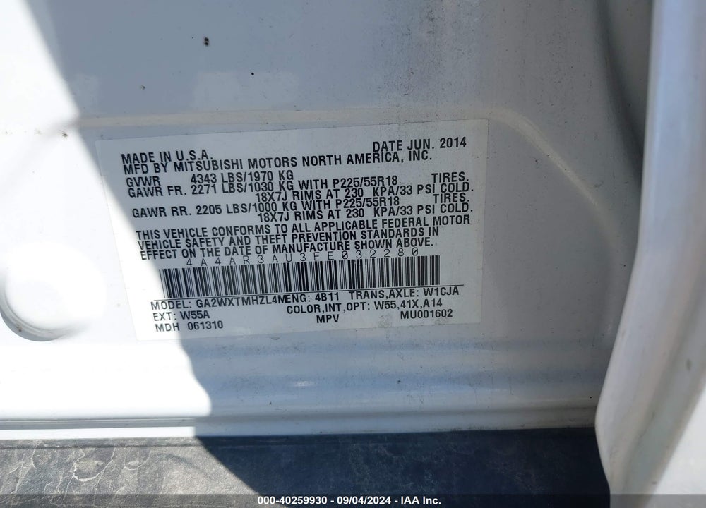 2014 MITSUBISHI OUTLANDER SPORT ES VIN: 4A4AR3AU3EE032280