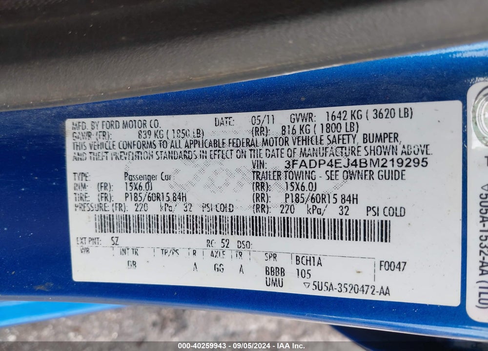 2011 FORD FIESTA SE VIN: 3FADP4EJ4BM219295