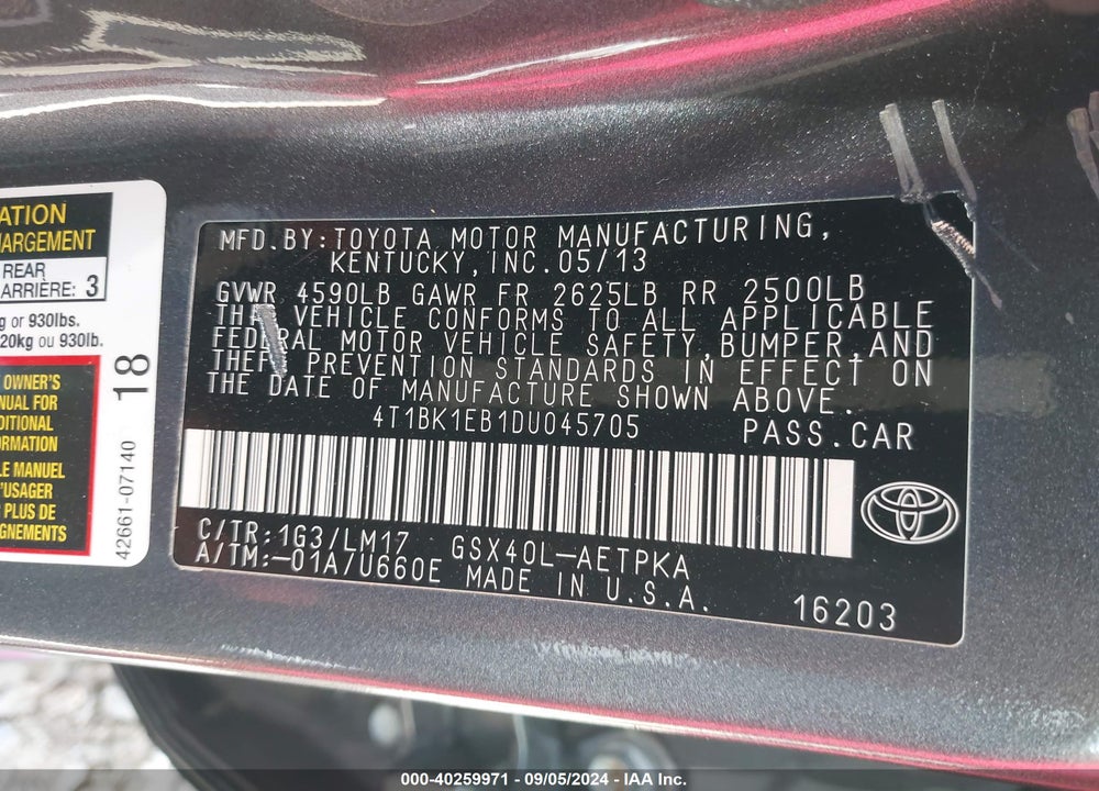 2013 TOYOTA AVALON LIMITED VIN: 4T1BK1EB1DU045705