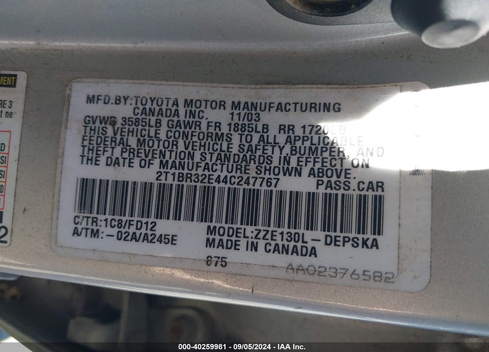 2004 TOYOTA COROLLA S VIN: 2T1BR32E44C247767