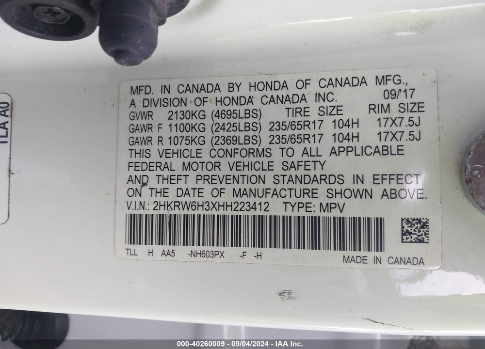 2017 HONDA CR-V LX VIN: 2HKRW6H3XHH223412
