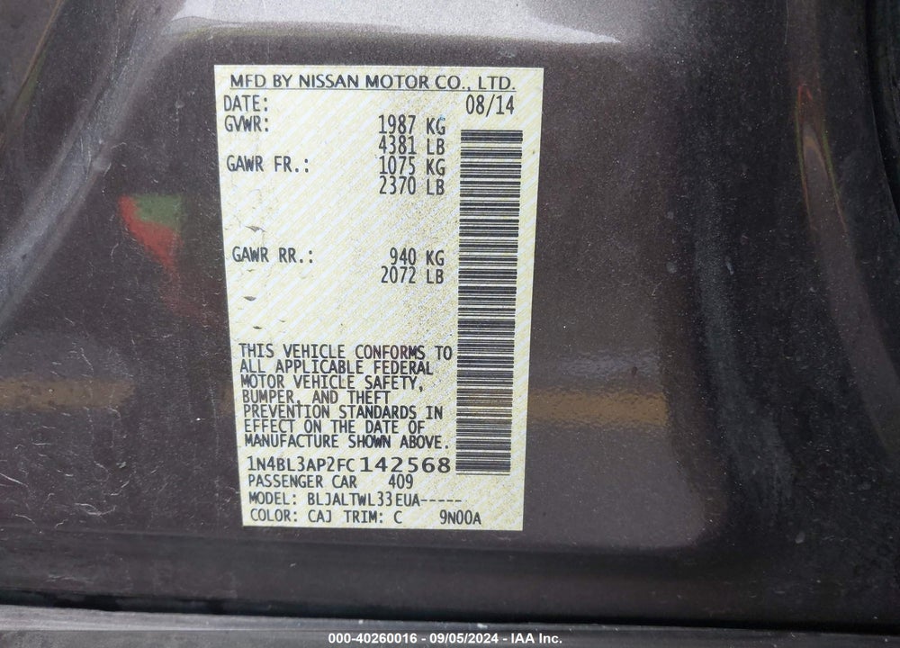 2015 NISSAN ALTIMA 3.5 SL VIN: 1N4BL3AP2FC142568
