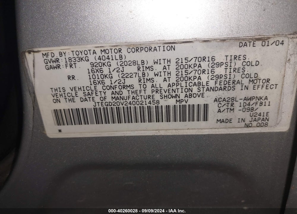 2004 TOYOTA RAV4 VIN: JTEGD20V240021458