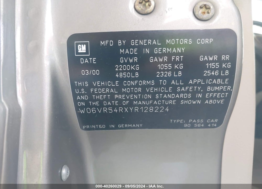 2000 CADILLAC CATERA STANDARD VIN: W06VR54RXYR128224