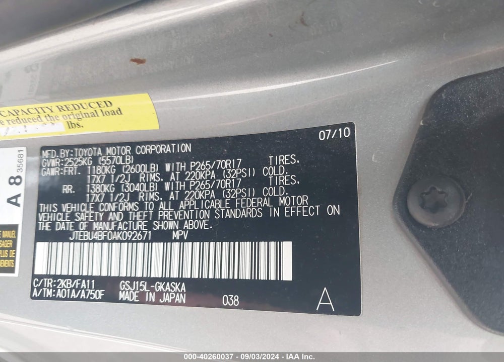 2010 TOYOTA FJ CRUISER VIN: JTEBU4BF0AK092671