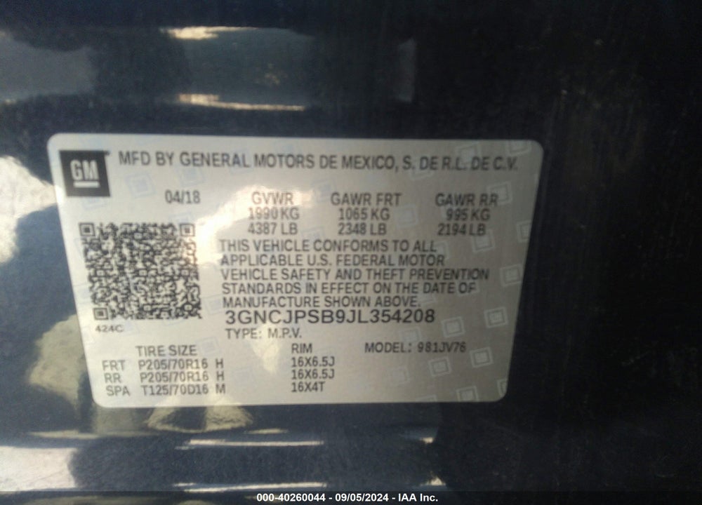 2018 CHEVROLET TRAX LT VIN: 3GNCJPSB9JL354208