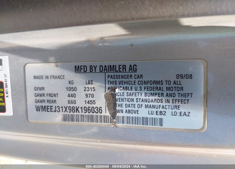 2008 SMART FORTWO VIN: WMEEJ31X98K196036