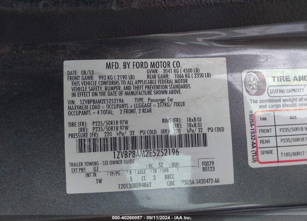 2014 FORD MUSTANG V6 VIN: 1ZVBP8AM2E5252196