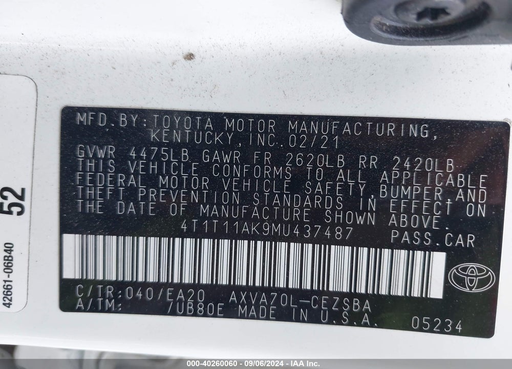 2021 TOYOTA CAMRY SE VIN: 4T1T11AK9MU437487
