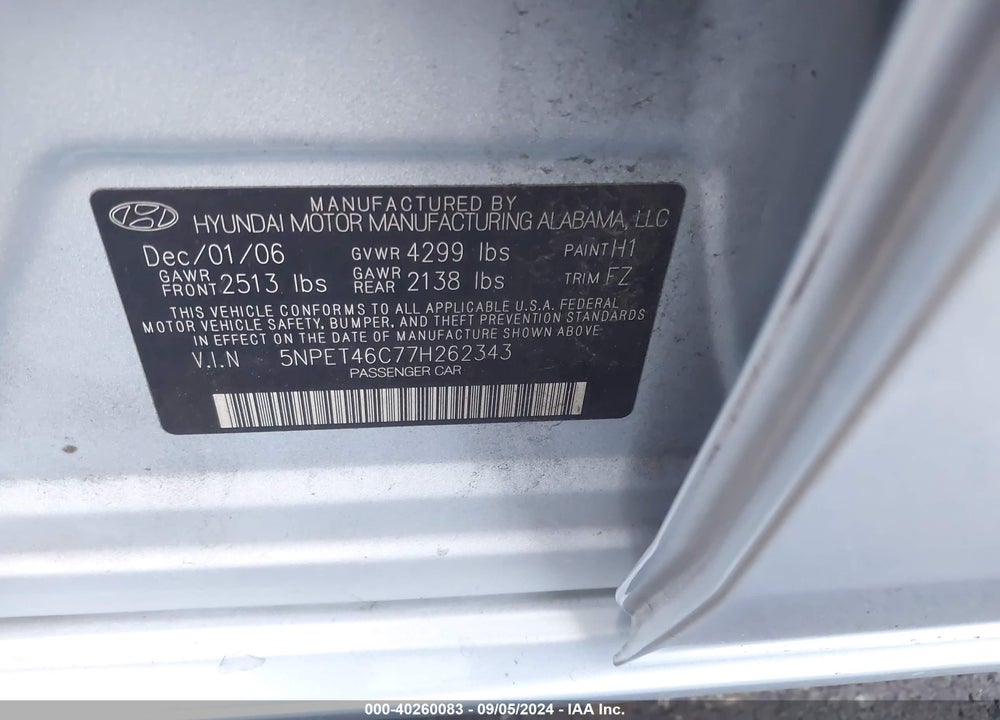 2007 HYUNDAI SONATA GLS VIN: 5NPET46C77H262343