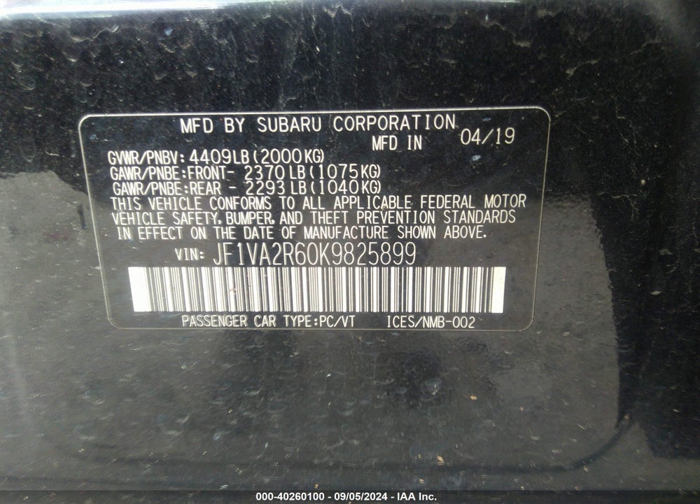 2019 SUBARU WRX STI VIN: JF1VA2R60K9825899
