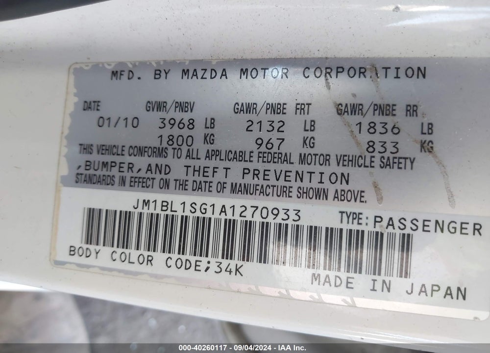 2010 MAZDA 3 I SPORT VIN: JM1BL1SG1A1270933