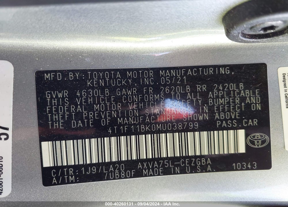 2021 TOYOTA CAMRY XLE AWD VIN: 4T1F11BK0MU038799
