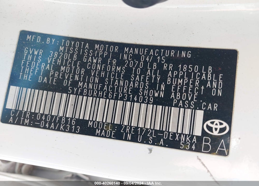 2015 TOYOTA COROLLA LE PLUS VIN: 5YFBURHE6FP314039