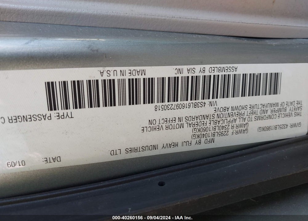 2009 SUBARU LEGACY 2.5I VIN: 4S3BL616097230518