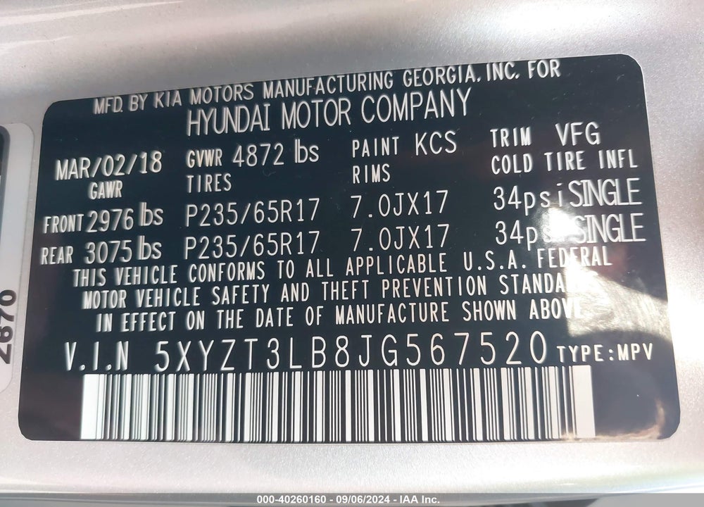 2018 HYUNDAI SANTA FE SPORT 2.4L VIN: 5XYZT3LB8JG567520