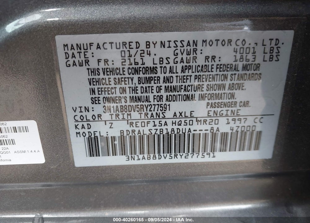 2024 NISSAN SENTRA SR XTRONIC CVT VIN: 3N1AB8DV5RY277591