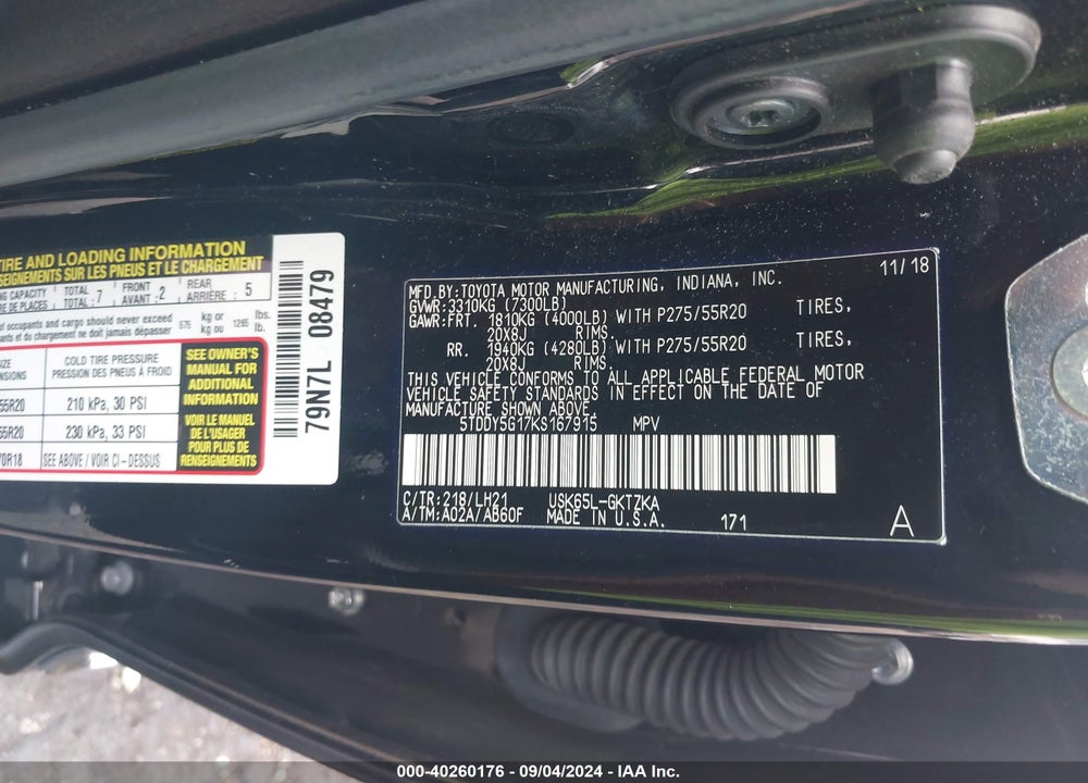2019 TOYOTA SEQUOIA PLATINUM VIN: 5TDDY5G17KS167915