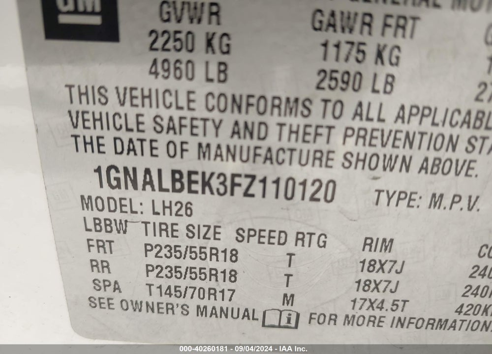 2015 CHEVROLET EQUINOX 1LT VIN: 1GNALBEK3FZ110120