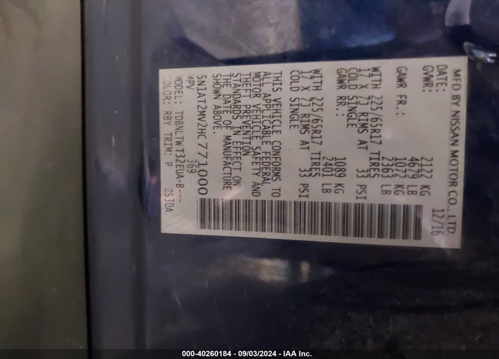 2017 NISSAN ROGUE SV VIN: 5N1AT2MV2HC771000