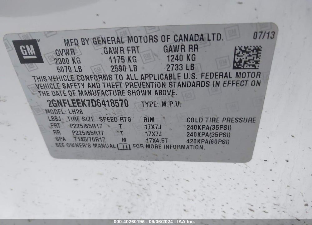 2013 CHEVROLET EQUINOX VIN: 2GNFLEEK7D6418570