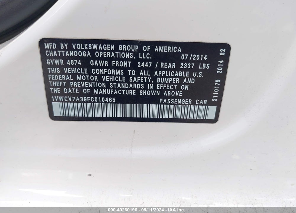 2015 VOLKSWAGEN PASSAT 2.0L TDI SEL PREMIUM VIN: 1VWCV7A39FC010465