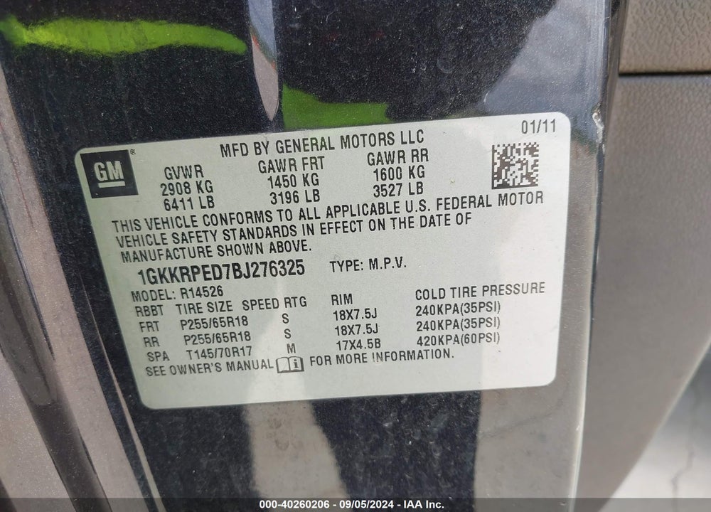 2011 GMC ACADIA VIN: 1GKKRPED7BJ276325