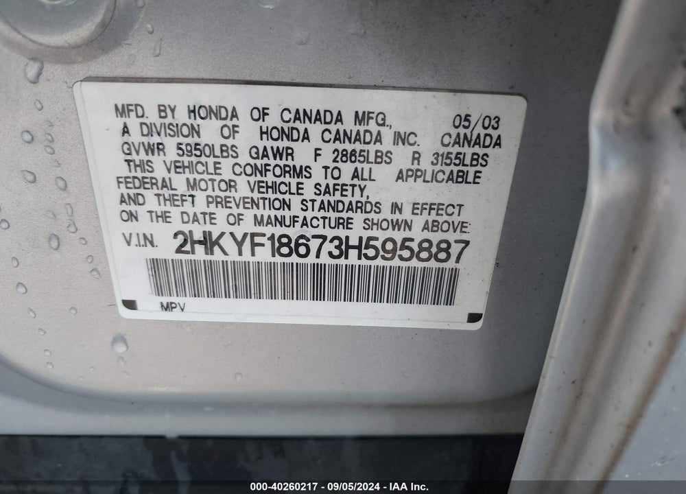 2003 HONDA PILOT EX-L VIN: 2HKYF18673H595887