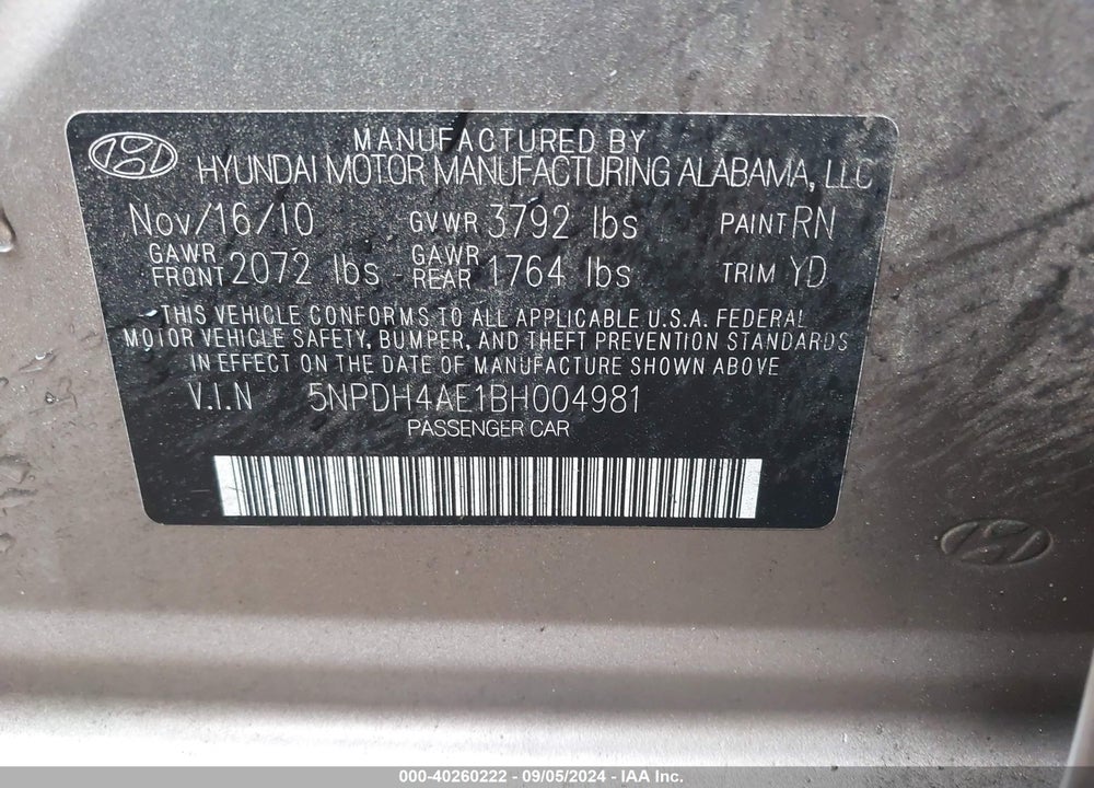 2011 HYUNDAI ELANTRA VIN: 5NPDH4AE1BH004981