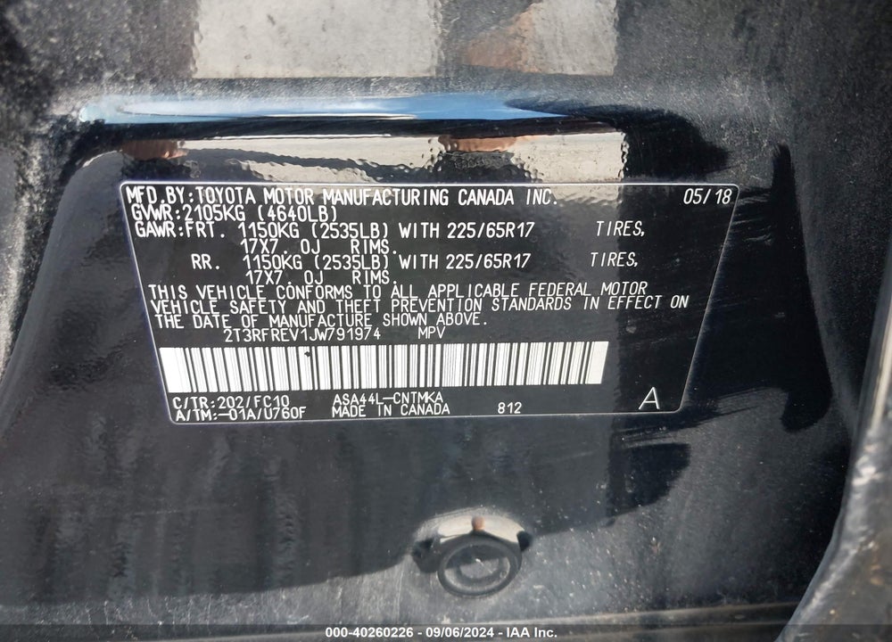 2018 TOYOTA RAV4 XLE VIN: 2T3RFREV1JW791974