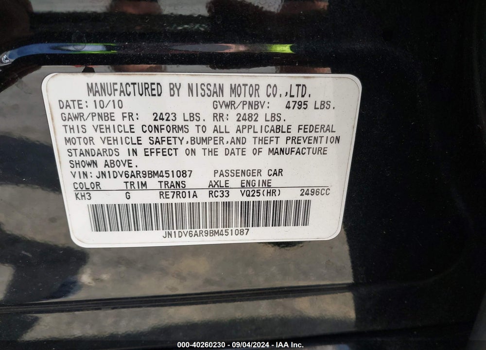 2011 INFINITI G25X VIN: JN1DV6AR9BM451087