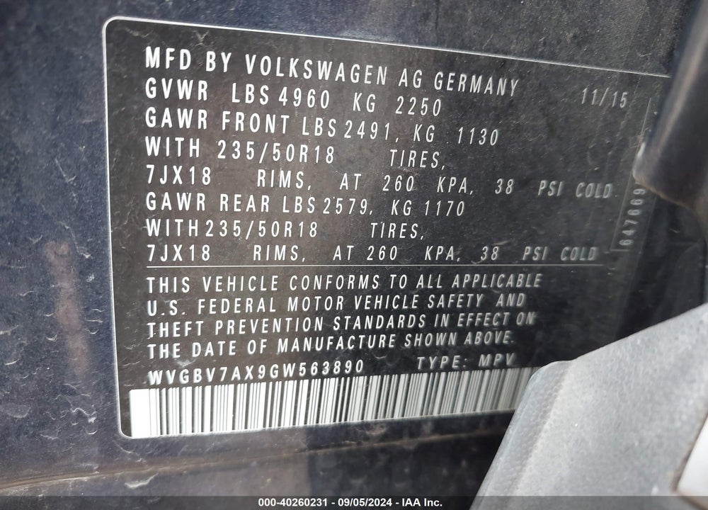 2016 VOLKSWAGEN TIGUAN SE VIN: WVGBV7AX9GW563890