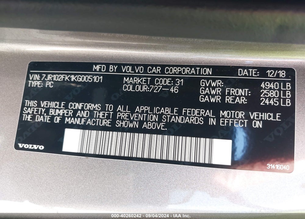 2019 VOLVO S60 T5 MOMENTUM VIN: 7JR102FK1KG005101