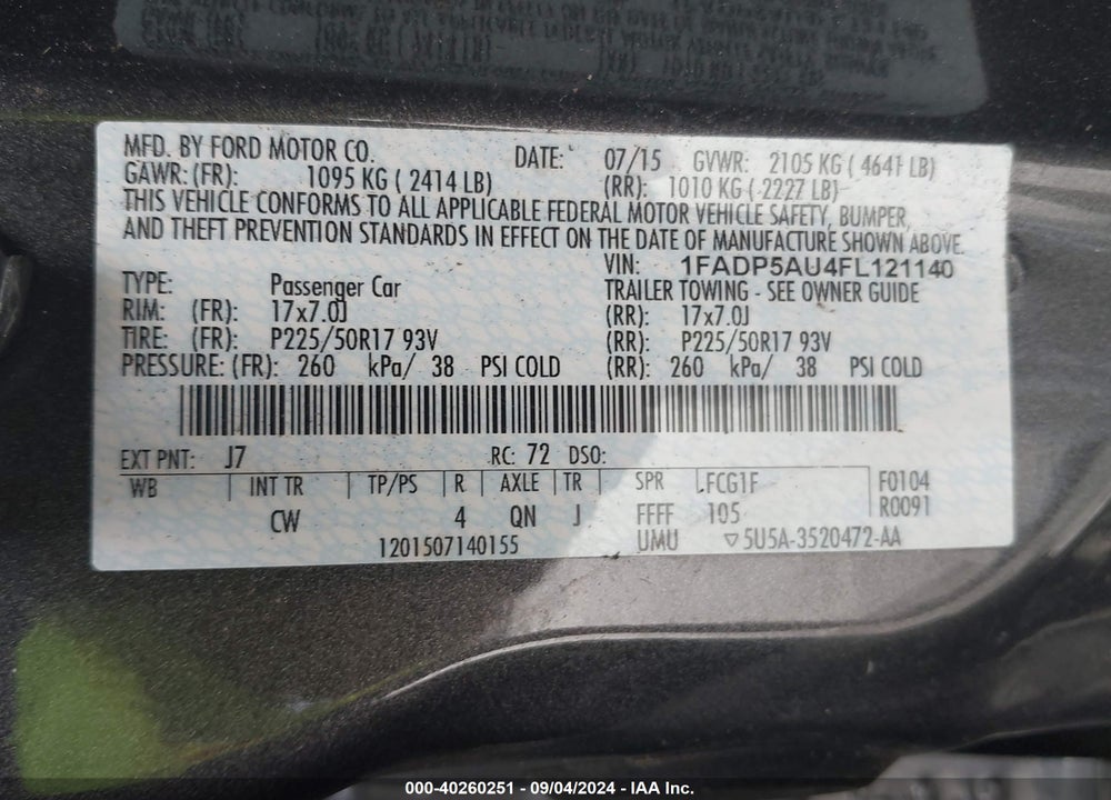 2015 FORD C-MAX HYBRID SE VIN: 1FADP5AU4FL121140