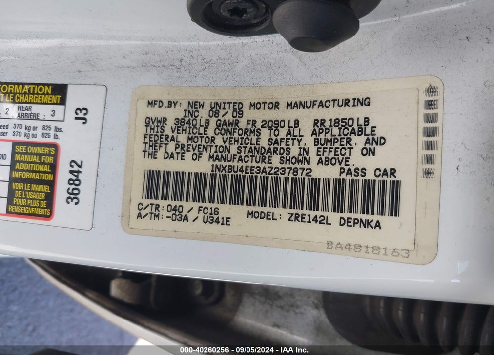 2010 TOYOTA COROLLA XLE VIN: 1NXBU4EE3AZ237872