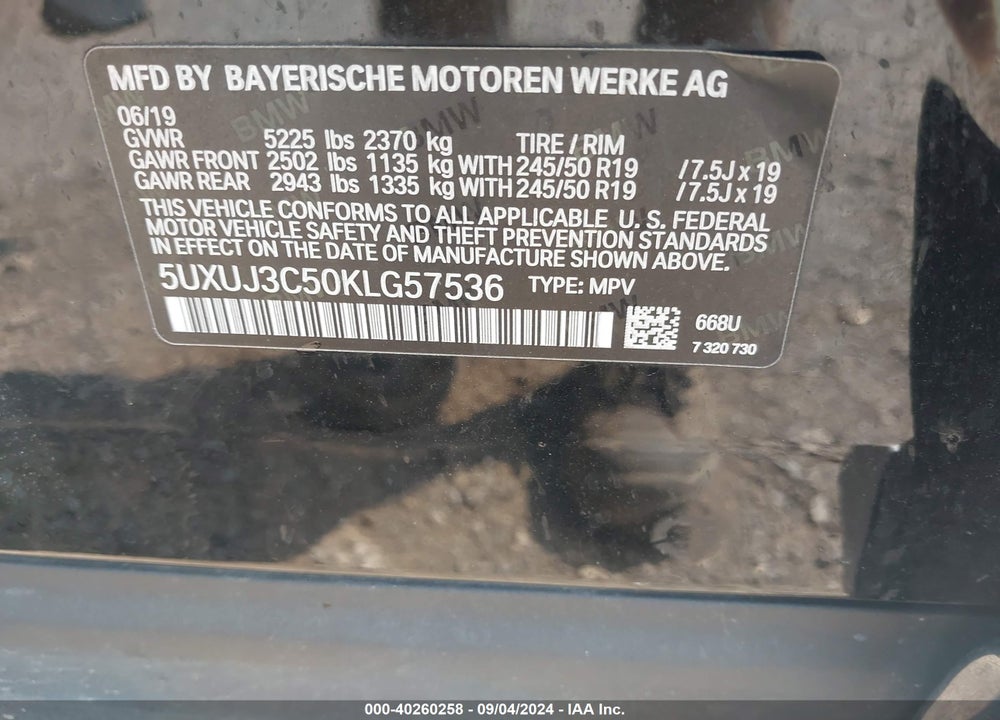 2019 BMW X4 XDRIVE30I VIN: 5UXUJ3C50KLG57536