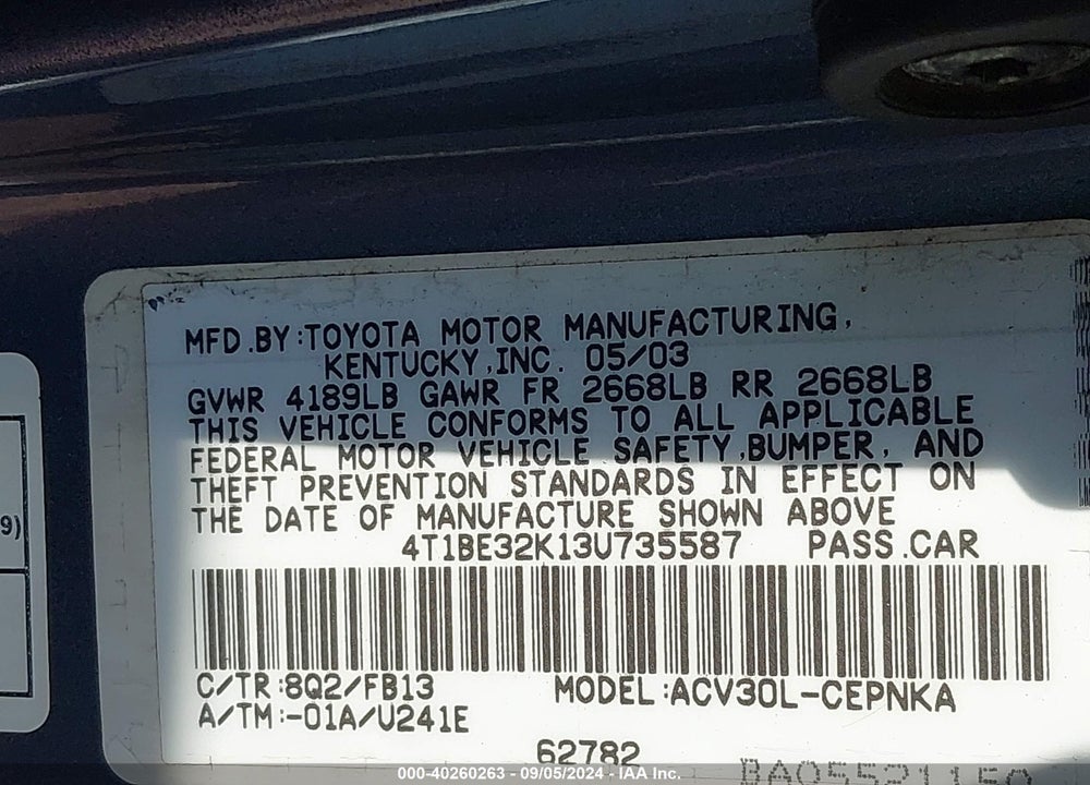 2003 TOYOTA CAMRY LE VIN: 4T1BE32K13U735587