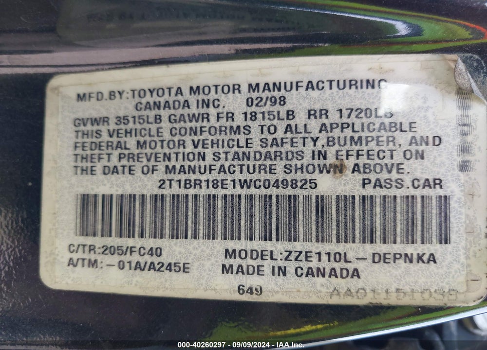 1998 TOYOTA COROLLA LE VIN: 2T1BR18E1WC049825