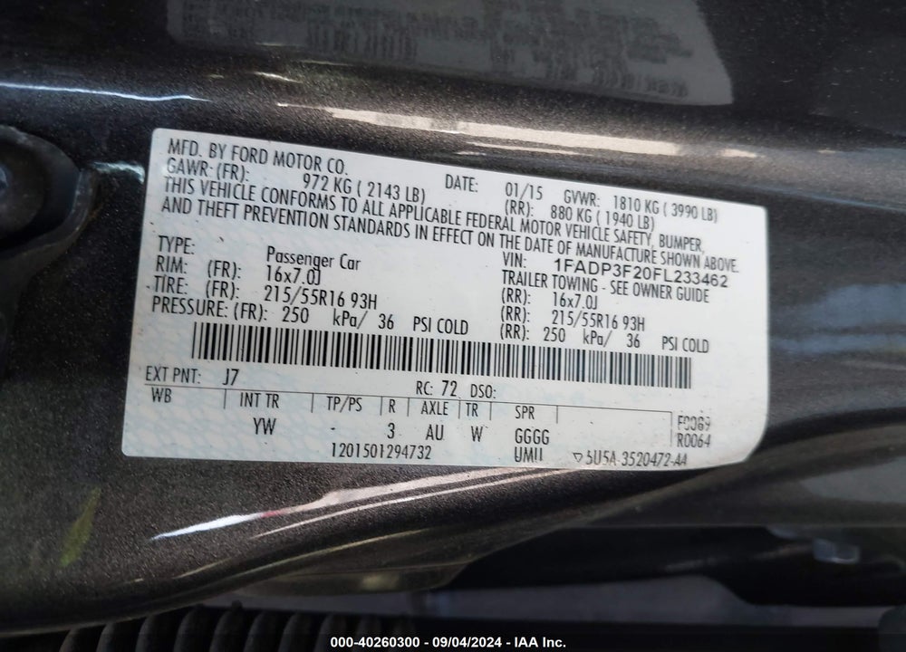 2015 FORD FOCUS VIN: 1FADP3F20FL233462