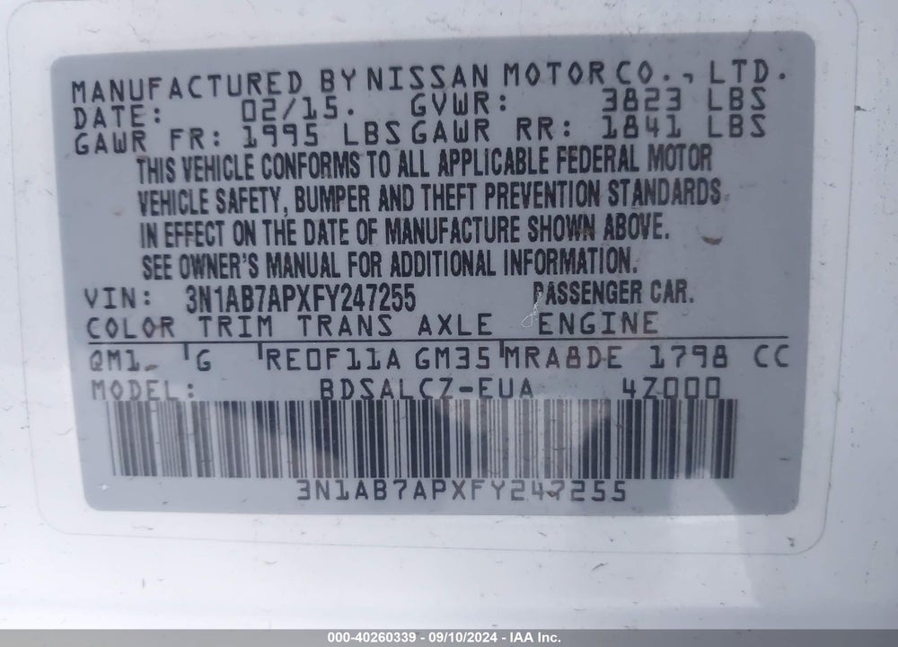 2015 NISSAN SENTRA FE+ S/S/SL/SR/SV VIN: 3N1AB7APXFY247255