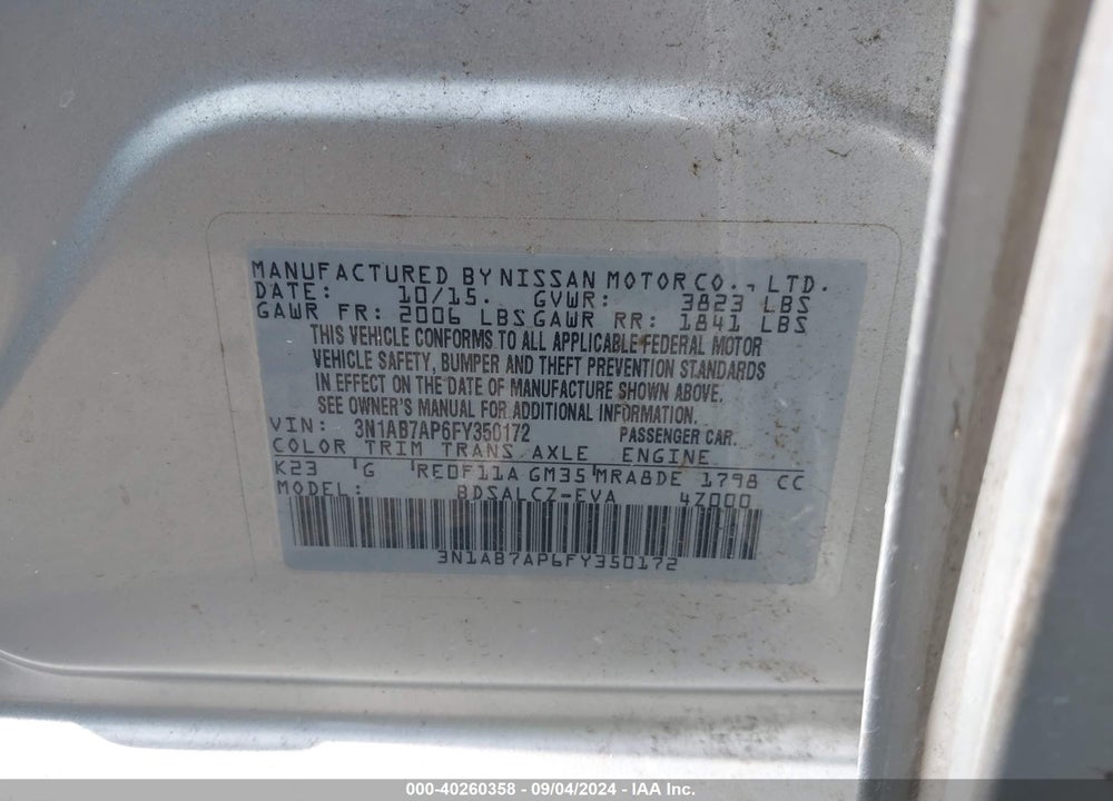 2015 NISSAN SENTRA S VIN: 3N1AB7AP6FY350172