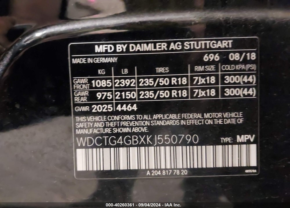 2019 MERCEDES-BENZ GLA 250 4MATIC VIN: WDCTG4GBXKJ550790